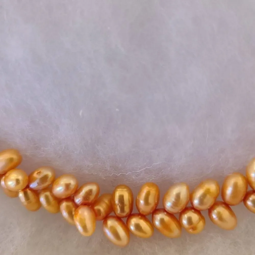 Womens Soft Golden Orange Gold Leaf Closure Double Layer Seed Pearl Necklace